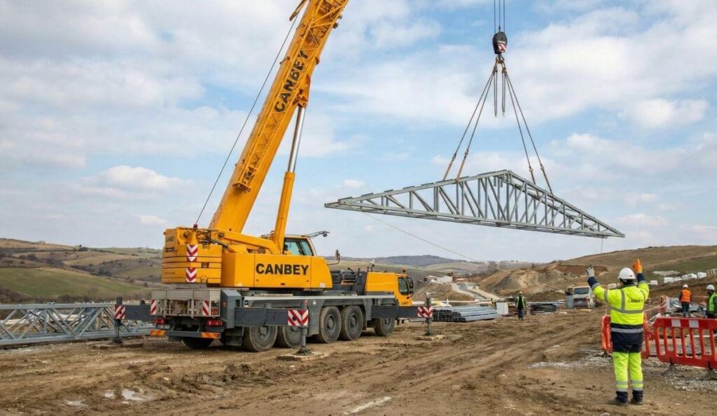 Çatalca’da mobil vinç ile şantiye yük kaldırma çalışması