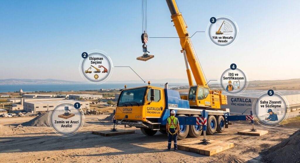 Çatalca kiralık vinç seçiminde ve kullanımında dikkat edilmesi gereken 5 altın kural infografik görseli